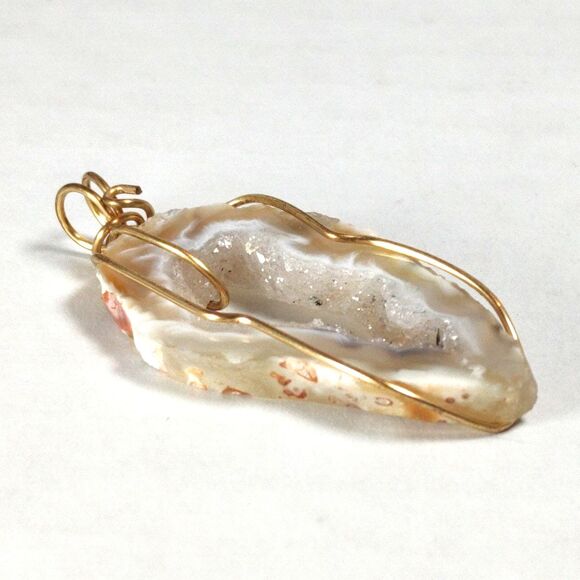 Gold Tone Wire Wrapped Agate Natural Raw Geode Druzy Sliced Stone Pendant Boho - Picture 12 of 16